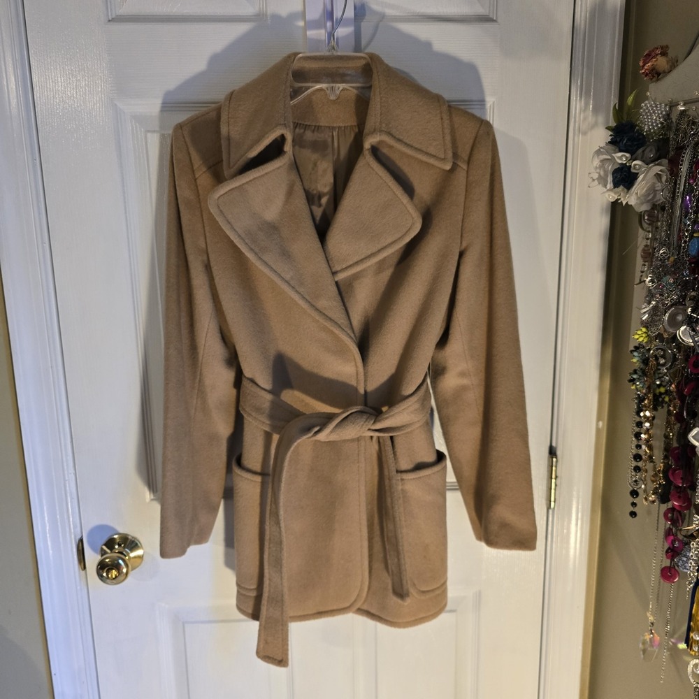 Devon Hall Vintage Camel Wool Wrap Coat Robert Tabor Tan Belted Trench Jacket 12